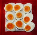 Hard Boiled Egg Halfs on a red Plate Royalty Free Stock Photo