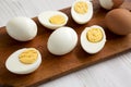 Hard Boiled Eggs on a rustic wooden board, low angle view. Close-up Royalty Free Stock Photo