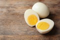 Hard boiled eggs on wooden table. Royalty Free Stock Photo