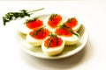 Hard-boiled sliced chicken egg halves with red caviar and dill on white plate background Royalty Free Stock Photo