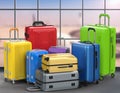 Hard case colorful luggages with airport background