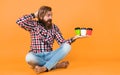 hard choice. concept of inspiration. hipster man drink coffee. handsome bearded man holding a white cup. mug with