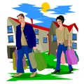 After a hard day`s work, husband and wife with heavy packages go home Royalty Free Stock Photo