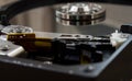 Hard disk drive. Computer disk inside. Focus on the read and write head Royalty Free Stock Photo