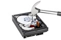 Hard Disk Drive HDD with hammer, Destroying hard disk. 3D render