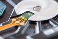 Hard disk drive hdd, internal electronic details, macro close-up, selective focus Royalty Free Stock Photo
