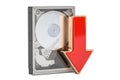 Hard Disk Drive HDD with red arrow download data concept, 3D rendering