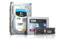 Hard disk drive hdd, solid state drive ssd and ssd m2 isolated on white. Set of different data storage devices