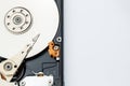 Hard disk drive and open cover. Computer hardware, hard disk, storage device. Detail of the inside of a hard disk drive. Hard disk Royalty Free Stock Photo