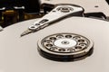 Hard disk drive and open cover. Computer hardware, hard disk, storage device. Detail of the inside of a hard disk drive. Hard disk Royalty Free Stock Photo