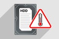 Hard disk drive and warning triangular sign with thermometer icon Royalty Free Stock Photo