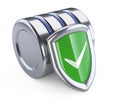 Hard disk icon with green protection shield. Database security c