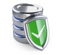 Hard disk icon with green protection shield. Database security concept