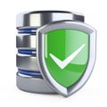 Hard disk icon with green protection shield - front view. Database security concept.