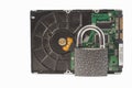 Hard disk and padlock on a white background. The lock is locked Royalty Free Stock Photo