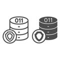 Hard disks array with emblem line and solid icon, data protection concept. Vector graphics. Storage with shield sign on