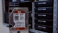 Hard drives WD RED ready to be installed into server or mining farm. Inserting or replacing HDD. Russia, Orel 05.03.2021