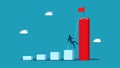 Hard growing ambitions and a determined business concept. Businessman climbs rope to top bar graph