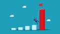 Hard growing ambitions and a determined business concept. Businessman climbs rope to top bar graph