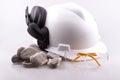 Hard hat, ear defenders, gloves and safety glasses Royalty Free Stock Photo