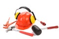 Hard hat and ear muffs with tools Royalty Free Stock Photo