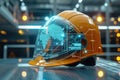 A hard hat featuring a map of the world, designed for global construction projects and enhanced safety measures, A modern