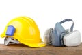 Hard hat helmet and gas respirator Royalty Free Stock Photo