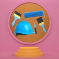 Hard hat, paint brushes and roller brush floating in air over podium on abstract background, renovation and construction tools Royalty Free Stock Photo