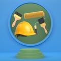 Hard hat, paint brushes and roller brush floating in air over podium on abstract background, renovation and construction tools Royalty Free Stock Photo