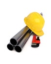 Hard Hat, Pipe Wrench and Pipes. Clipping Path Royalty Free Stock Photo