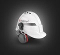 Hard hat safety halmet with earmuffs isolated on black gradient background 3d Royalty Free Stock Photo
