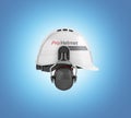 Hard hat safety halmet with earmuffs isolated on blue gradient background 3d side view