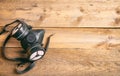 Hard hat on wooden background, copy space, top view