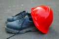 Hard Hat and Work Boots Royalty Free Stock Photo