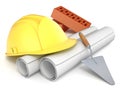 Hard helmet, trowel, bricks and drawings. Engineering concept. 3D