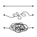 Hard, medium and easy way solution concept illustrated by tangled and straight lines. Complicated and simple path Royalty Free Stock Photo