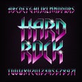 Hard rock alphabet font. Metal effect beveled colorful letters, numbers and symbols.