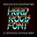 Hard Rock alphabet font. Metal effect shiny letters, numbers and symbols in retro colors. Royalty Free Stock Photo