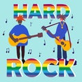 Hard rock band musicians. Music concert. Modern sound. Typography, hard rock lettering, group of musicians, concept for banners, Royalty Free Stock Photo