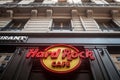 Hard Rock Cafe logo on their restaurant in Lyon. Hard Rock Cafe is a chain of American music theme restaurants spread worldwide
