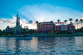 Hard Rock Cafe on sunset background at Universal Orlando Resort in Florida with the lake on the foreground.  2 Royalty Free Stock Photo