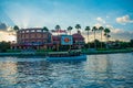 Hard Rock Cafe on sunset background at Universal Orlando Resort in Florida with the lake on the foreground.  1 Royalty Free Stock Photo