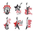 Hard Rock Club Logo and Emblems with Electric Guitar Vector Set