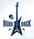 Hard Rock emblem with electric guitar vector logo, concert festival or night club label, music theme illustration, guitar shop or