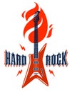 Hard Rock emblem with electric guitar vector logo, concert festival or night club label, music theme illustration, guitar shop or