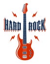 Hard Rock emblem with electric guitar vector logo, concert festival or night club label, music theme illustration, guitar shop or