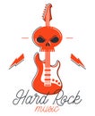 Hard rock and heavy metal emblem or logo vector flat style illustration isolated, electric guitar with dead skull, logotype for Royalty Free Stock Photo