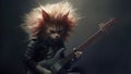 Hard rock metal cat with unruly long fur hair playing electric guitar at concert- generative AI