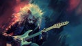 Hard rock metal cat with unruly long fur hair playing electric guitar at concert- generative AI