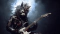 Hard rock metal cat with unruly long fur hair playing electric guitar at concert- generative AI